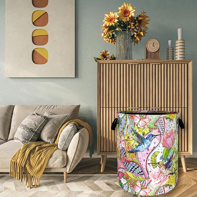 Boho Hummingbird Laundry Basket Pink Flowers Floral Laundry Hamper Foldable Oxford Cloth Birds Colorful Tote Bag Clothes Toy Storage Bucket For Bathroom/Laundry Storage/Bedroom 18.9 x 16.5 Inch