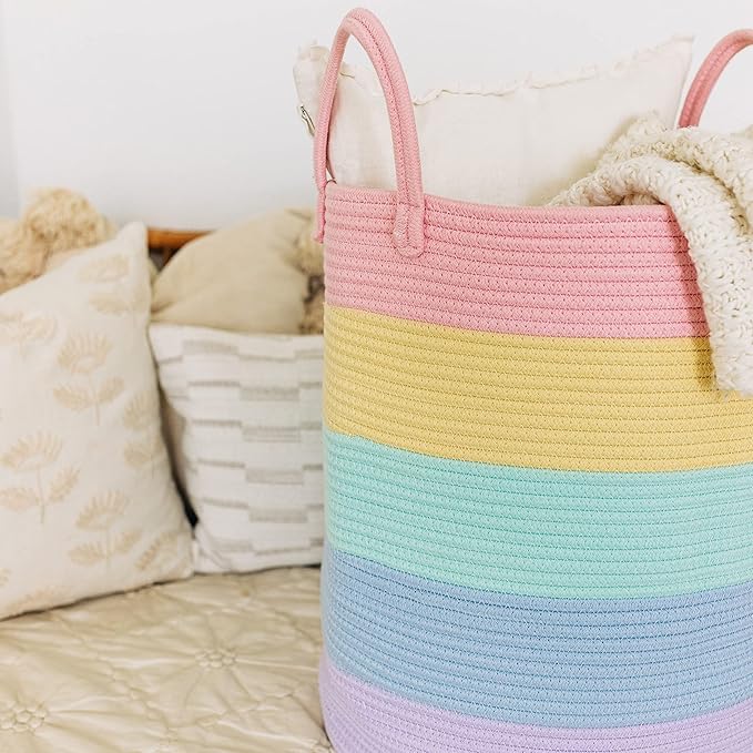 OrganiHaus Large Rainbow Woven Laundry Basket w/Handles 52L, Decorative Toy Storage Bin for Nursery, Colorful Blanket Basket for Playroom, Baby Laundry Hamper, Fun Kids Room Decor Organizer