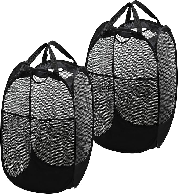 Simple Houseware Mesh Pop-Up Laundry Hamper Basket with Side Pocket, Black - 2 Pack