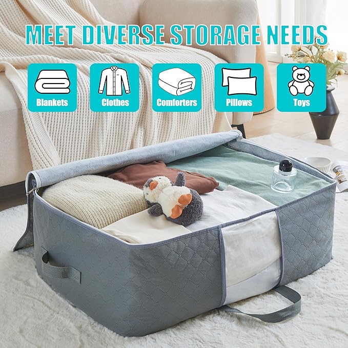 105L Extra Large Storage Bags for Blankets, King Comforters, Bedding, Clothes, Pillows, Sheets - Closet Organizers and Storage with 4 Handles & Clear Window, Foldable & Breathable (Grey, 4pack)