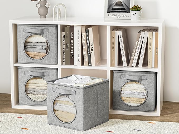 Vailando Foldable Fabric Storage Cube with Round Window - 4 Pack 13"x13"x13" Collapsible Closet Organizer Bins for Clothes, Shelves, Offices, Toys & Misc, Light Gray