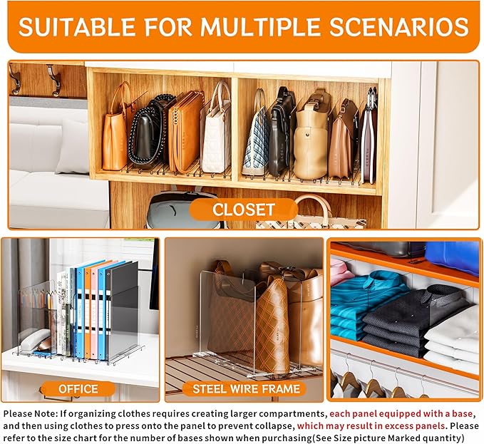 Yieach Clear Acrylic Shelf Dividers for Closet Organization,4 Pack Adjustable Bags,Clutch,Purse Organizer and Storage,Handbag Organizer for Closets,Purse Divider,8.8″ Tall Sweater,Tshirt,Towel Divider