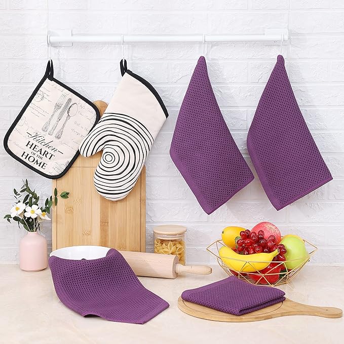 Homaxy 100% Cotton Waffle Weave Kitchen Dish Cloths, Ultra Soft Absorbent Quick Drying Dish Towels, 12 x 12 Inches, 12-Pack, Purple
