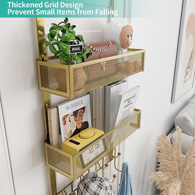 HapiRm Over The Door Hanger with Coat Hooks and 2 Baskets, Rustproof & Waterproof Over The Door Hooks, Storage Organizer for Hats, Bathroom, Kitchen, Bedroom - Gold