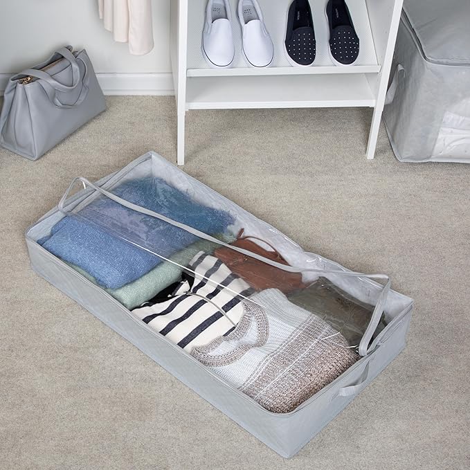 Honey-Can-Do 3-Pack Under Bed Fabric Storage Container Bags For Clothes & Blankets with Window and Handles, 34 x 17.9 x 5.9 Inches, Grey