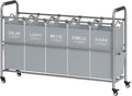 Tajsoon 5 Bag Laundry Sorter Cart, Laundry Hamper Sorter Basket with Heavy Duty Lockable Rolling Wheels for Clothes Storage, Grey & White