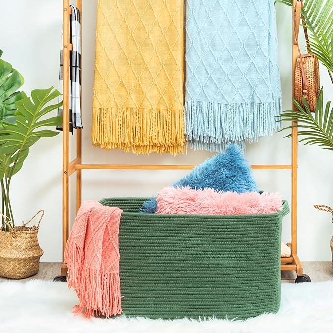 MINTWOOD Design 22in Extra Large Blanket Basket Holder Living Room, Rectangle Rope Woven Storage Basket with Handles for Laundry, Pool Towels, and Shoes, Dog Toy Organizer Bin Box, Forest Green