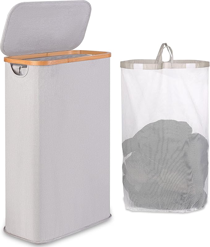 65L Slim Laundry Hamper, Narrow Laundry Basket with Lid,Foldable Clothes Hamper with Bamboo Handles,Hamper Basket with Removable Inner Bag for Laundry Room Bedroom College Dorm,17.17 Gals（Light Grey）