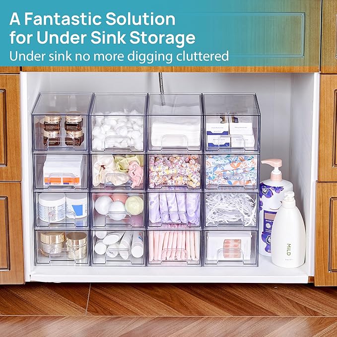 Vtopmart 6 Pack Small Clear Stackable Storage Drawers,Acrylic Bathroom Makeup Organizer,Plastic Storage Bins For Vanity, Undersink, Kitchen Cabinets, Pantry, Home Organization