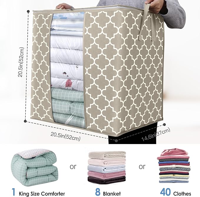 WISELIFE Storage Bags 4 Pack/100L Large Blanket Clothes Organization and Storage Containers for Comforters,Bedding, Foldable Organizer with Reinforced Handle, Clear Window, Sturdy Zippers,Beige