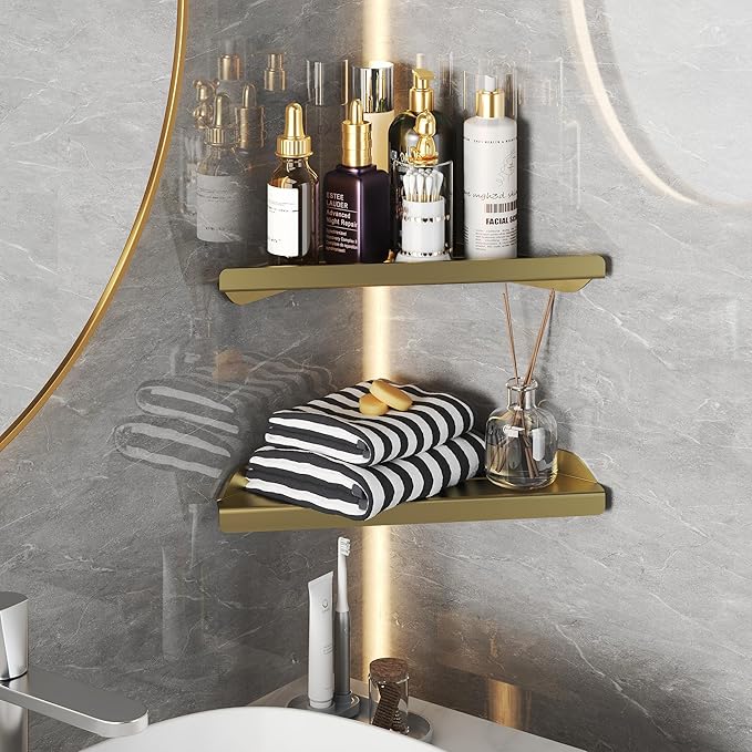 Ecowillon Corner Shower Shelves, 2-Tier Triangle Gold Shower Candy, 304 Stainless Steel Corner Shelf Will not Rust, Wall Mounted Caddy Shelves No Drilling with Adhesive,Storage Shelf for Toilet
