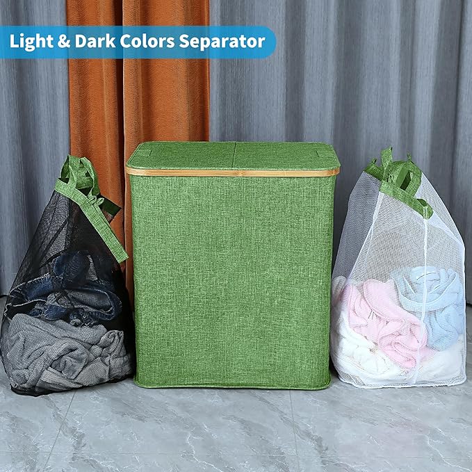 efluky Laundry Hamper with Lid, Double Laundry Hamper with 2 Removable Bags, 2 Section Laundry Basket with Bamboo Handles for Bathroom, Bedroom & Laundry Room,140L Green