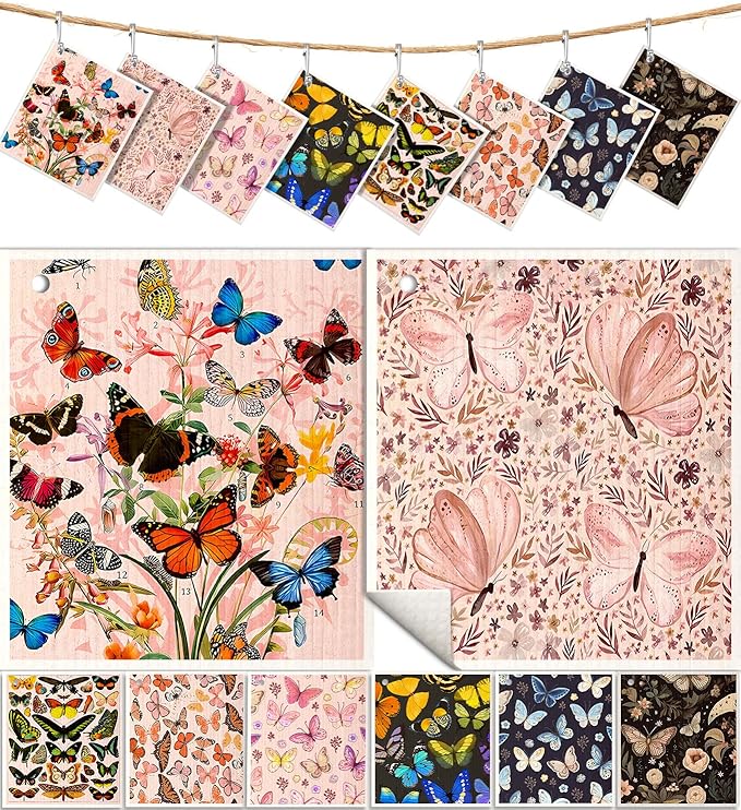 8 Pack Reusable Kitchen Swedish Dishcloths for Washing Dishes Cloths Absorbent Fast Drying Cleaning Sponge Cute Decorate Washable Swedish Towels, Butterfly