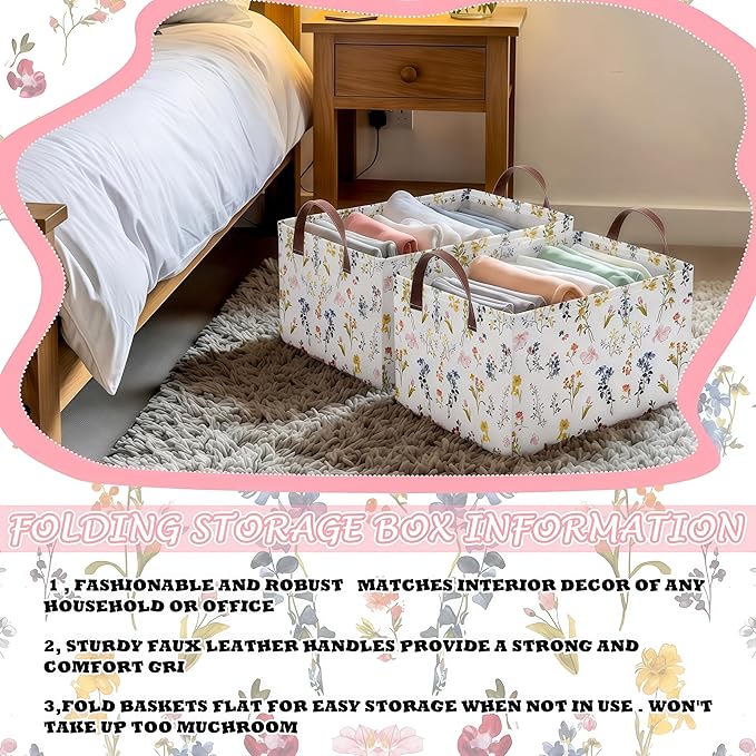 Boao 3 Pcs Watercolor Wildflowers Storage Bin Wildflowers Collapsible Large Storage Baskets for Gifts Canvas Laundry Basket Foldable Box with Handle for Office Home Bedroom Clothes