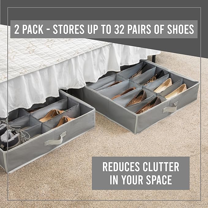 HOLDN' STORAGE Under Bed Shoe Organizer - Set of 2, Tear-Resistant 600D Material, Grey, Transparent Cover, Holds Up to 32 Pairs of Shoes