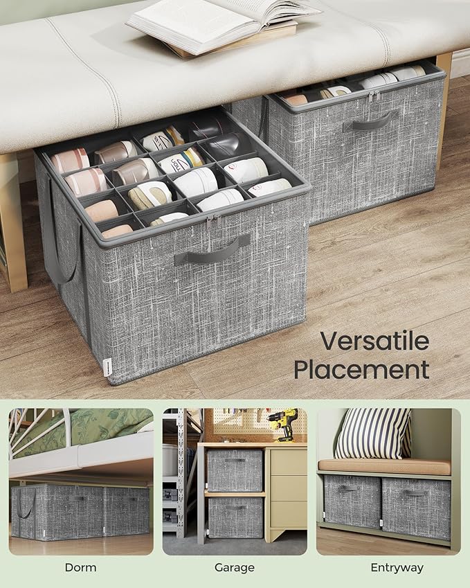 SONGMICS Set of 2 Shoe Organizers for Closet, Fits up to 16 Pairs Each, Shoe Boxes, Fabric Storage Cube with Handles and Transparent Lid, Space-Saving for Bedroom, Entryway, Cattail Gray ULSP602G01