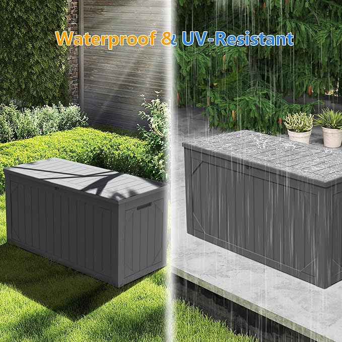 Outdoor Storage Box Waterproof, 100 Gallon Lockable Resin Deck Box Patio Storage Bin for Pool Accessories Cushion Furniture, Garden Tools, UV-Resistant Outside Delivery, Grey