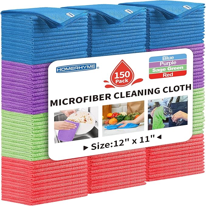 HOMERHYME Microfiber Cleaning Cloth, 150 Pack Cleaning Rags,12" X 11" Lint Free Dish Towels Wash Cloths, Reusable Microfiber Towels for Home and Kitchen Bathroom Apartment Cleaning Supplies, Assorted