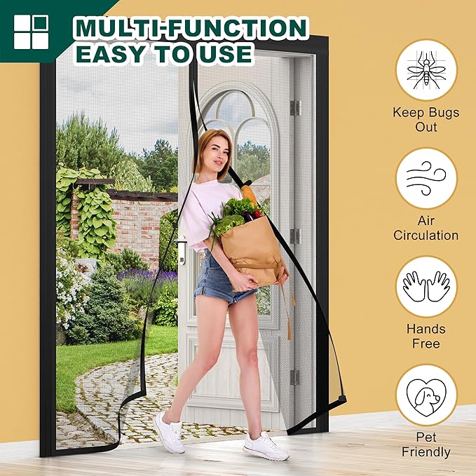 Adjustable Magnetic Screen Door Fit Door Size Width 70" - 74" Height 80" - 82", DIY Widen Heavy Duty Door Net Screen Mesh with Strong Magnet for Sliding Glass, Black