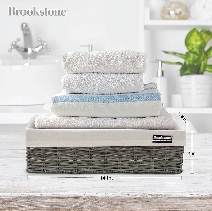 Brookstone Wicker Storage Basket Two Pack Set, Bathroom and Closet Organizers and Storage Bins with Fabric Liner, Grey