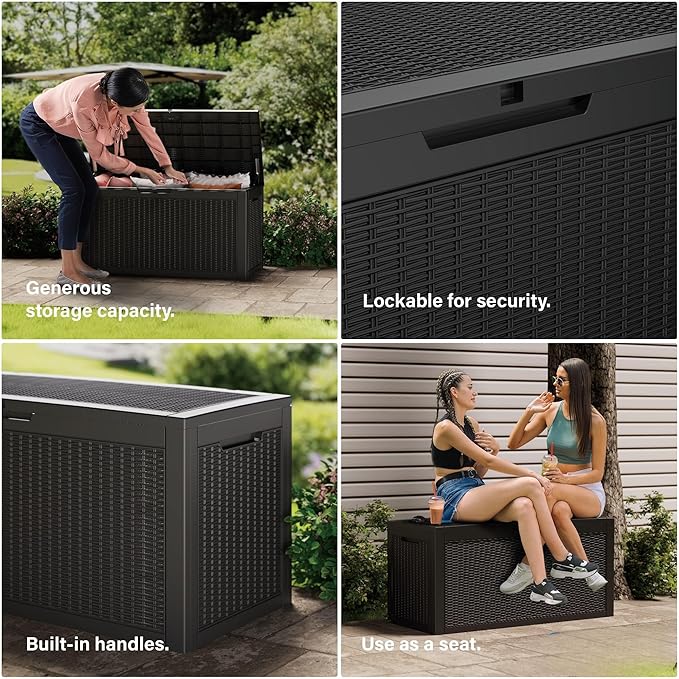 Outdoor Storage Box Waterproof, 150 Gallon Lockable Resin Deck Box Large, Patio Storage Bin for Pool Accessories Cushion Furniture, Garden Tools, UV-Resistant Outside Delivery Black