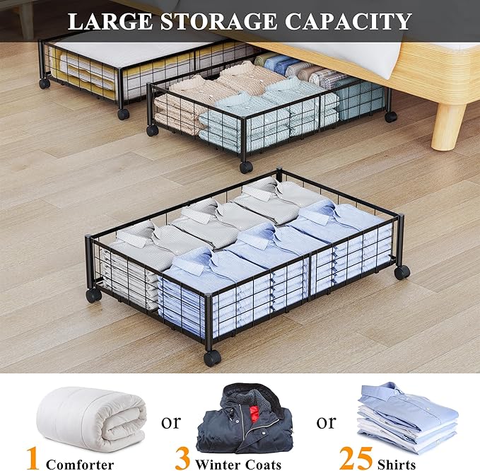 Under Bed Storage with Wheels, 360° Rotating, No-Assembly Underbed Storage Containers, 2PACK
