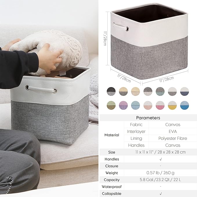 Sea Team 3-Pack Cubic Storage Basket Set, Storage Cube Organizer, Clothes Toys Bin, 11 x 11 x 11 Inches, Big Square Canvas Fabric Collapsible Shelf Box with Handles for Kids Room (Grey/Black)