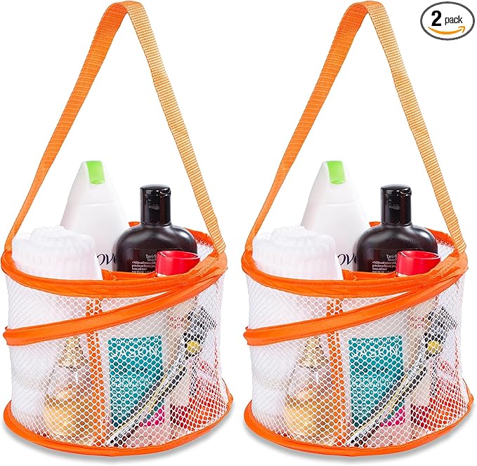 Handy Laundry Foldable Shower Caddy - Collapsible, Portable, Drainage Hole, Carry Handle, Large Compartments, Great Organizer for Camp, Travel, Gym, and Dorm (Orange) (Pack of 2)