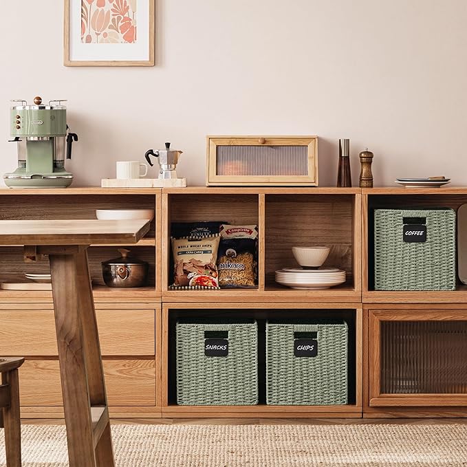 UBBCARE 4 Pack Wicker Basket, 12×12 Storage Cubes with Label, Foldable Cube Storage Bin with Handle, Square Storage Basket for Shelves, Woven Paper Rope Basket for Organizing, Dark Green
