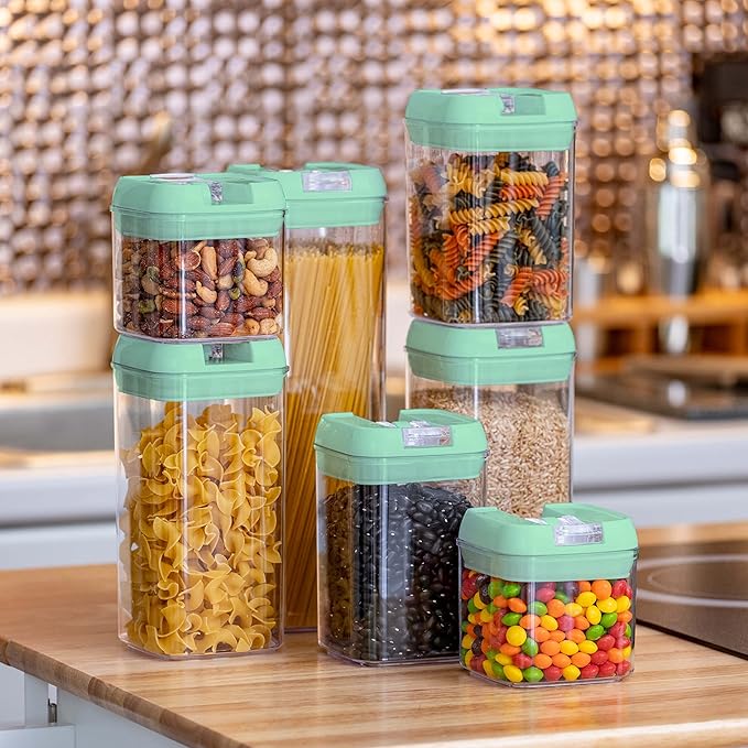 Set of 7 Airtight Food Storage Containers - Pantry Organizer Bins, BPA Free Plastic Containers plus Dry Erase Marker and Labels, Mint Green