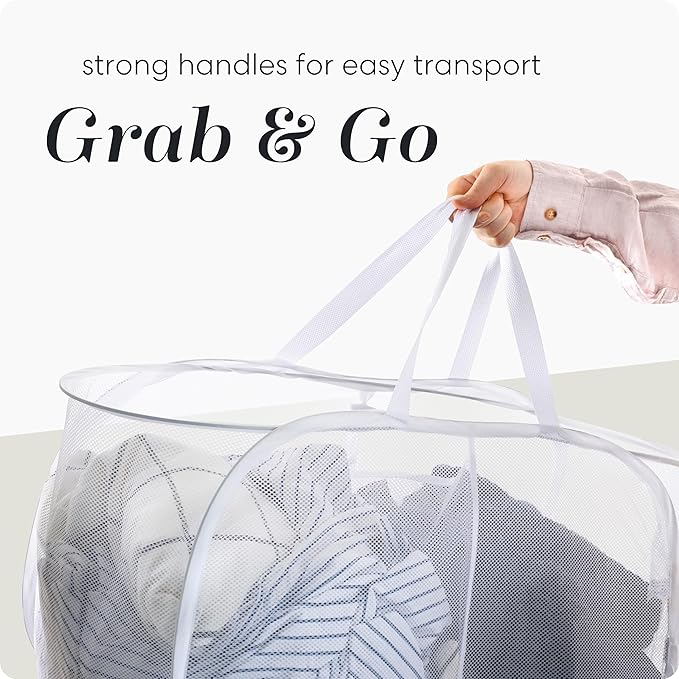 Foldable Laundry Basket - Popup and Collapsible, Durable Mesh Material, Folds for Storage, Easy Carry Handles - Great Hamper for College Dorm, Laundry Room or Travel (White, 2-Compartments)