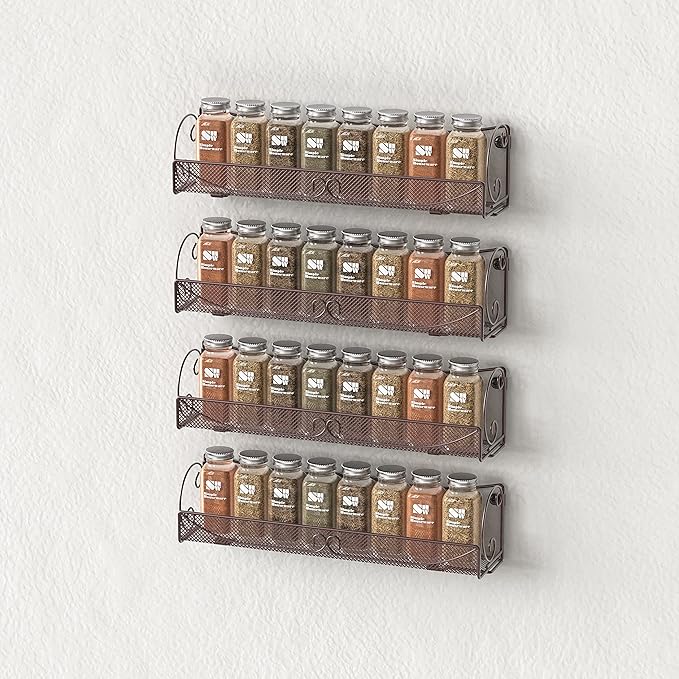 Deco Brothers Wall Mount Single Tier Mesh Spice Rack, 4 Pack, Bronze