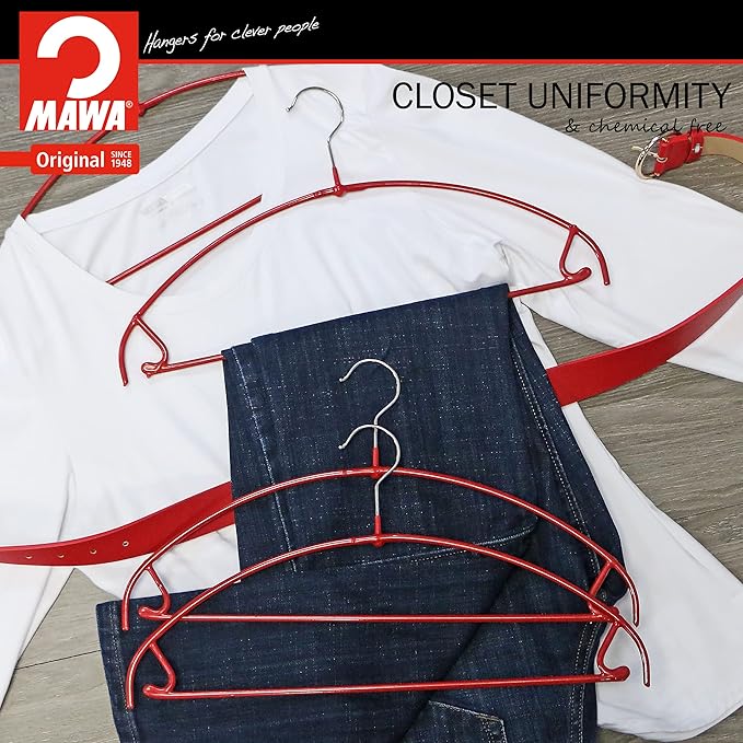 Mawa by Reston Lloyd Euro Ultra Light/Thin Series, Non-Slip Space Saving Clothes Hanger with Bar & Hook for Pants and Skirts, Style 42/PTU, Set of 2, Red
