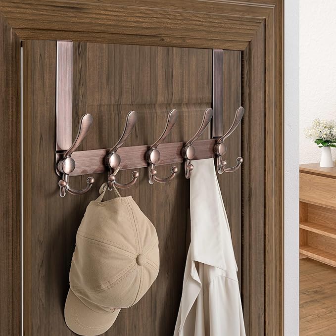 Dseap Over Door Hook 2.0 - Upgraded Version - Simple-Assembly, Strong, Heavy-Duty Stainless Steel 5-Tri-Hook Over The Door Hanger Rack, SimpleStrong Series, Antique Copper, Pack of 2
