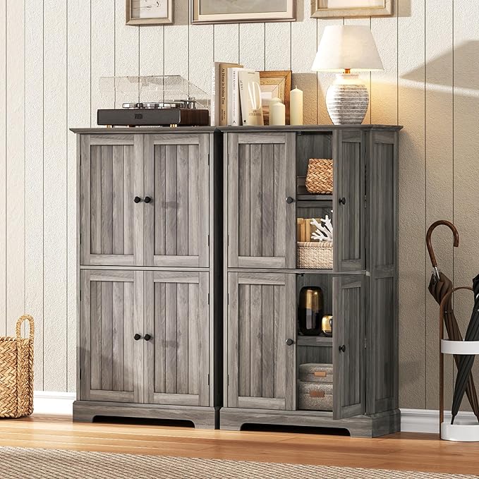 ChooChoo Bathroom Floor Cabinet, Farmhouse Bathroom Storage Cabinet with 4 Doors and Adjustable Shelves, Pantry Cabinet for Living Room, Kitchen, Retro Grey