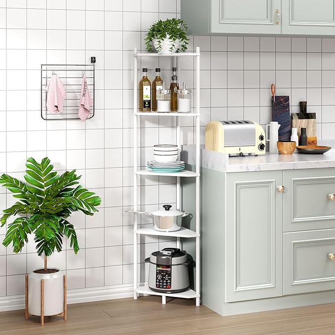 Corner Shelf Stand - 5 Tier Bamboo Small Corner Bookshelf for Office Kitchen Bedroom Plant Stand Living Room Decor Small Space (White, 5 Tier)