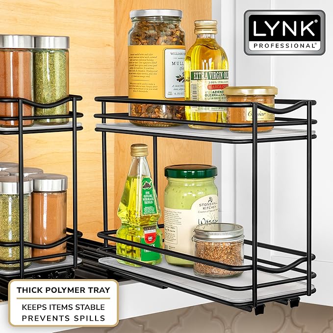 LYNK PROFESSIONAL® Pull Out Spice Rack Organizer for Inside Kitchen Cabinets - 4-3/8 inch Wide - Slide Out Drawer – Black Sliding Spice Organization for cabinet - Spice Racks - 2 Tier