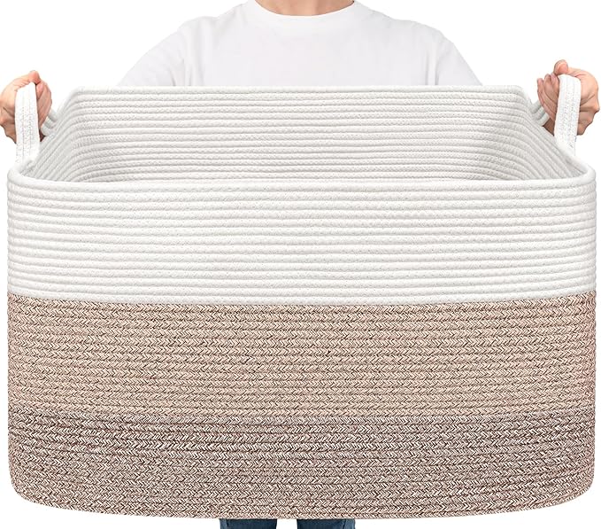 Goodpick Large Woven Blanket Basket 23.6" x 15.7" x 13.8" Cotton Rope Storage Organizer for Dirty Clothes Pillows, Soft Toy Storage Basket for Nursery Home Decor, White & Light Brown