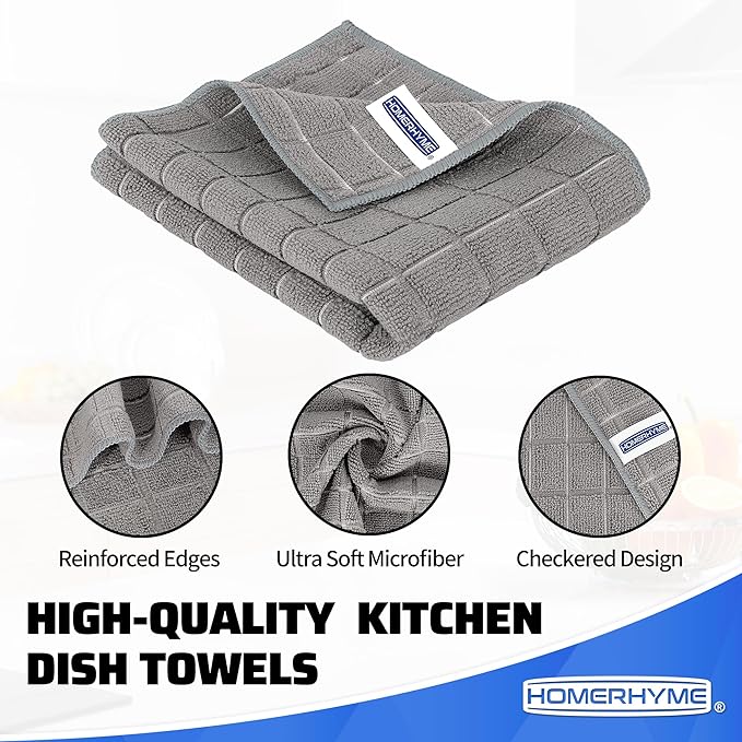 HOMERHYME Kitchen Towels, 8 Pack Microfiber Cleaning Cloth, 25'' x 15'' Dish Towels, 270 GSM Checkered All-Purpose Reusable Lint Free & Absorbent Hand Towels for Kitchen Home Tea Bar Shop