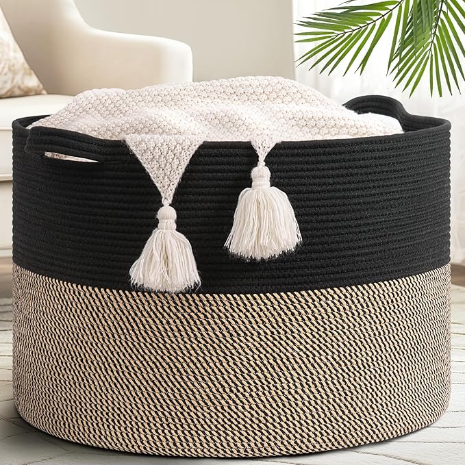 Goodpick 115L Extra Large Blanket Basket, 23.5"x23.5"x15.8" Woven Rope Basket for Storage, Kids Toy Storage for Nusery Room
