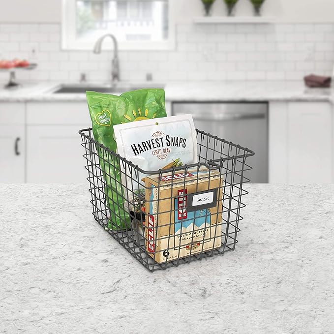 Spectrum Small Wire Basket with Label Plate Industrial Gray Square Wire Storage Basket for Kitchen Bathroom Laundry Pantry Closet Toy Under Sink Organization, Small Wire Basket Organizer for Storage