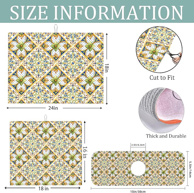 3Pcs Italian Majolica Tiles Dish Drying Mat & Kitchen Sink Splash Guard Faucet Mat For Kitchen Counter Absorbent Microfiber Dishes Pad Dish Drainer Rack Mats Fast Dry Kitchen Accessories