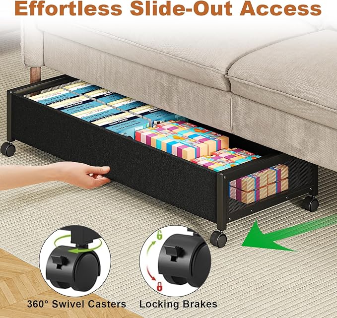 2 Pack Under the Bed Storage Containers,36 inch Long Underbed Storage with Wheels,7.3 inch Height Under Bed Shoe Storage,Large Rolling under bed Clothes Storage Drawers with Lid for Dorm,Black
