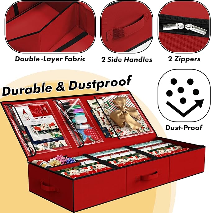 Simple Houseware 41.5" Wrapping Paper Storage Organizer - Fits 40 Rolls with Adjustable Straps, Interior Divider for Ribbons & Bows, 3 Clear Pockets for Gift Bags & Tools, 41.5''L x 16''W, Red
