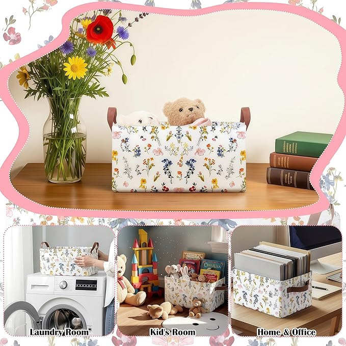 Boao 3 Pcs Watercolor Wildflowers Storage Bin Wildflowers Collapsible Large Storage Baskets for Gifts Canvas Laundry Basket Foldable Box with Handle for Office Home Bedroom Clothes