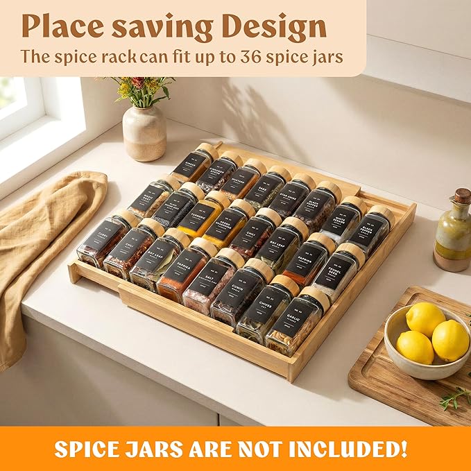 Bamboo Spice Drawer Organizer - Expandable 4 Tier Spice Rack (Need 3" Deep Drawer) 12" to 24" Wide, Seasoning Organizer, Organization Seasoning Rack insert (Jars Not Included)