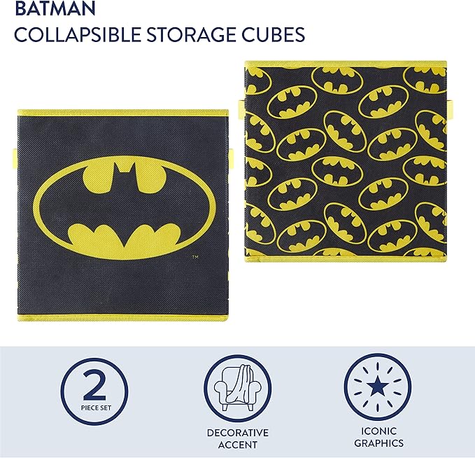 Batman Collapsible Storage Cubes – Set of 2 Foldable Fabric Bins for Kids – Organizer Boxes with Iconic Logo – Closet & Toy Storage – Black Superhero Cube Containers