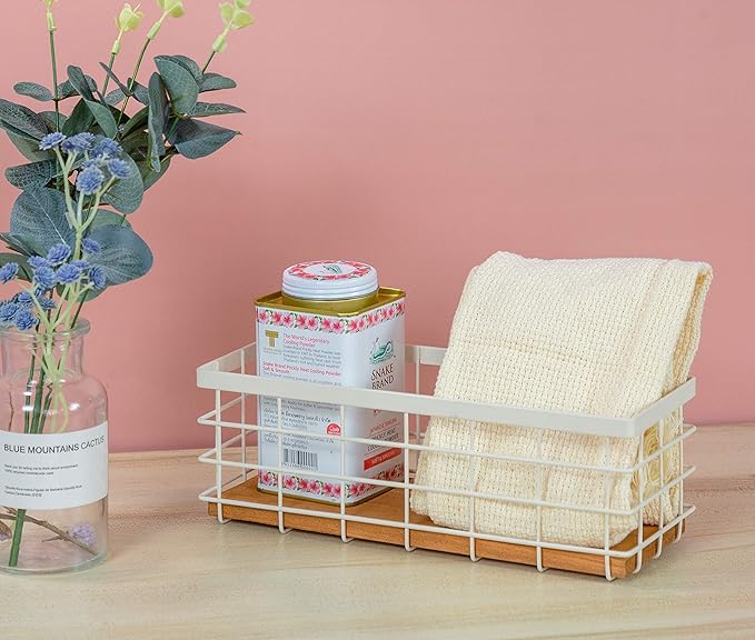 TIEYIPIN Small Metal Wire Storage Basket, Detachable Wood Base Storage Organizer Bin Basket for Kitchen Cabinets, Bathroom, Pantry, Garage, Laundry Room (Cream White, 4 Pack)