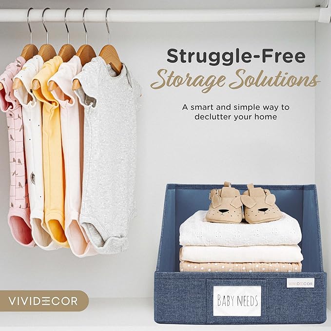 VIVIDECOR Trapezoid Storage Bins – 12x12x10 Fabric Storage Baskets, Collapsible Easy-Access Organiser Boxes for Baby Clothes, Kids Room Organizer – Navy Blue, 3 Pack