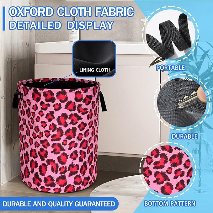 Pink Leopard Laundry Basket Oxford Cloth Funny Cheetah Skin Laundry Hamper With Handle Foldable Portable Clothes Storage Basket 18.9 X 16.5 In Storage Bag For Laundry Room/Bathroom/Bedroom/Dormitories